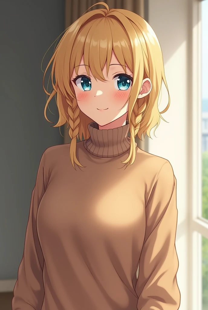 (photorealism:1.2), Anime woman, blonde, turtleneck sweater, short hair, braided mullet, smile, blue eyes, adult woman, grown up, demure, full body