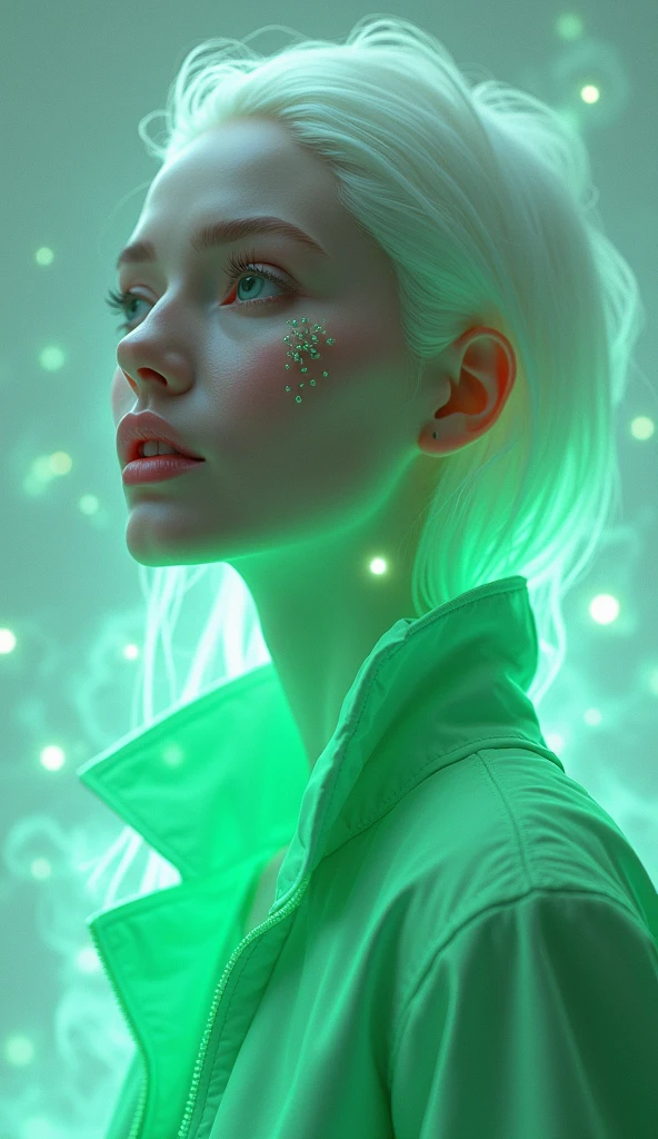 Create a 3D illustration of a 25 year old girl pure devine White skin, wearing a green jacket with glowing color, smoke artistically forming a frame edit Photoshop Computer named, style, detailed face, focus on face, 8K