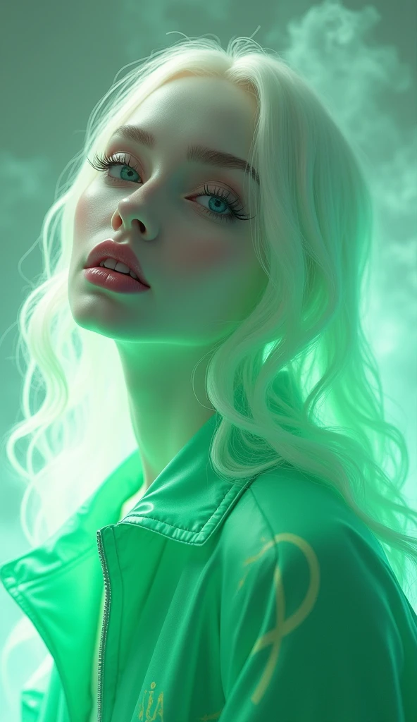 Create a 3D illustration of a 25 year old girl pure devine White skin, wearing a green jacket with glowing color, smoke artistically forming a frame edit Photoshop Computer named, style, detailed face, focus on face, 8K