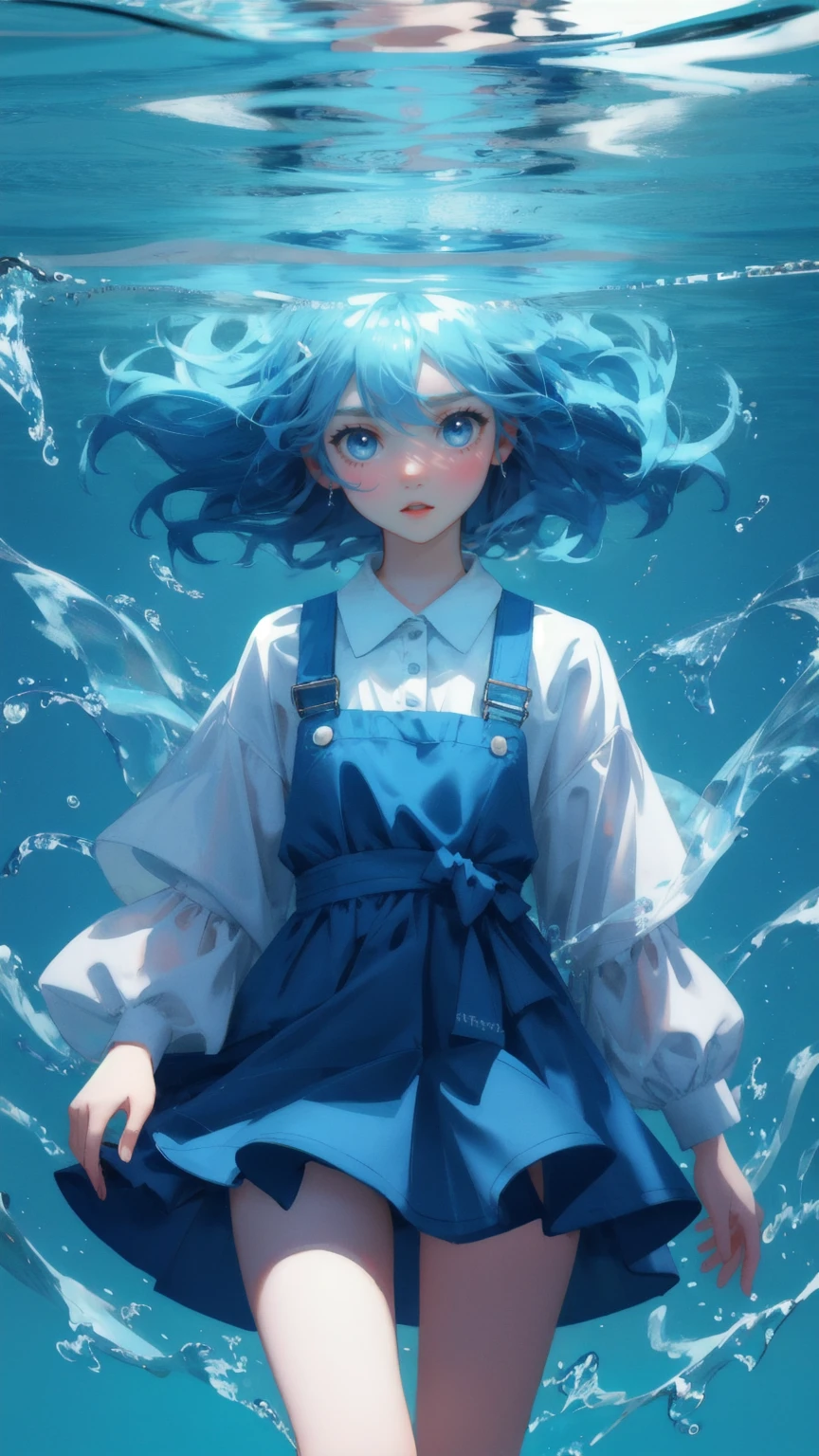 Create an image with a blue-themed background featuring a cute girl instead of the distressed character. The girl should be in a panicked pose, standing in a pool of liquid, with the same exaggerated expression of frustration and wide eyes. Surrounding her are several small, cartoonish characters, each showing expressions of shock and surprise as they float in the water. The text 'Stuck Transaction' should be prominently displayed above and below the girl, with the overall atmosphere being playful yet chaotic, capturing the humor and intensity of the original scene.