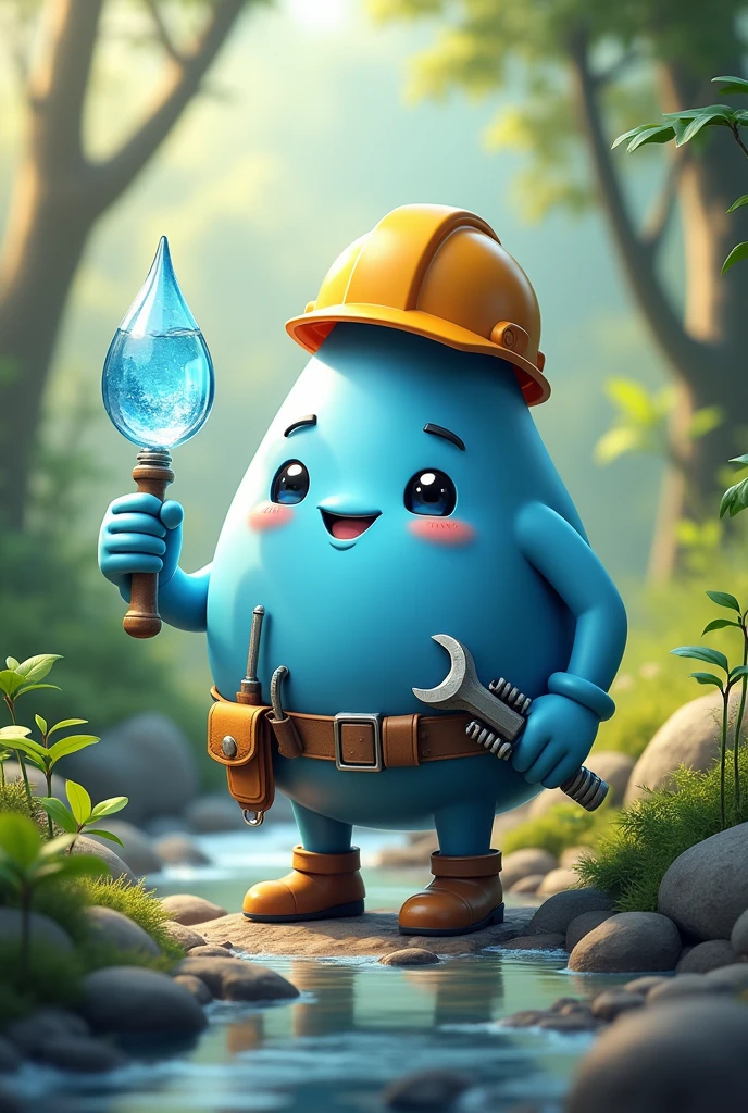 A cute water droplet is the main character and it holds a drop of treated water in one hand and other hand has a spanner.
Also it have a belt which holds several tools and a safety helmet.
The concept should indicate that the main character is a cute engineer.
The background must be of a nature