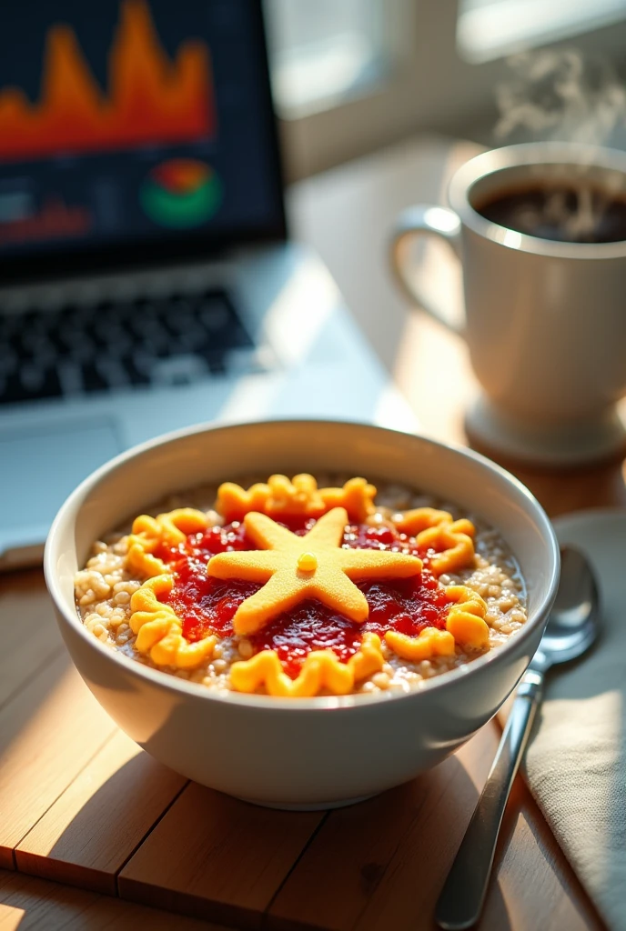 A close-up shot of a healthy oatmeal bowl filled entirely with the star shape icon from GOOGLE GEMINI, accompanied by a steaming cup of coffee and an open laptop displaying dynamic graphs or a dashboard on the screen, capturing the essence of energy, freshness, and preparation, during a bright morning with soft natural light, shot with a Sony A7R IV, 50mm f/1.4 lens, vibrant colors