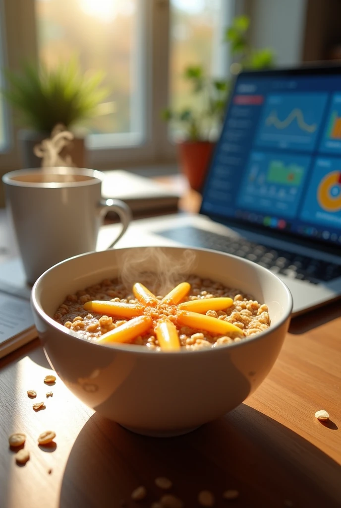 A close-up shot of a healthy oatmeal bowl filled entirely with the star shape icon from GOOGLE GEMINI, accompanied by a steaming cup of coffee and an open laptop displaying dynamic graphs or a dashboard on the screen, capturing the essence of energy, freshness, and preparation, during a bright morning with soft natural light, shot with a Sony A7R IV, 50mm f/1.4 lens, vibrant colors