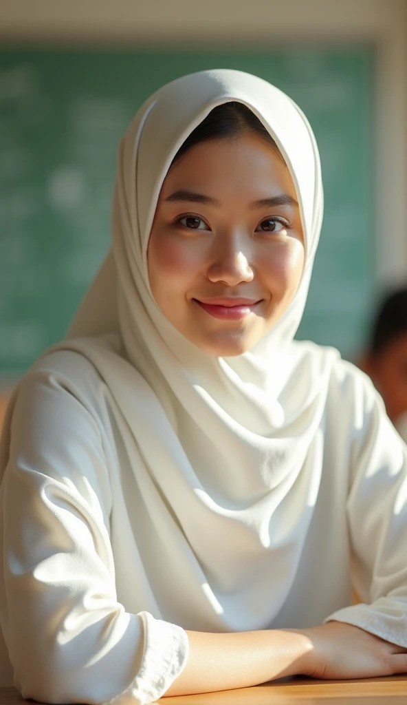 a close up selfie of a young woman in a classroom, round face, thin eyebrows, sitting on a chair in front of a table, sun kissed, warm lighting, daytime, looking at viewer, smiling, ((white baju kurung:1.3)), ((white hijab:1.3))
