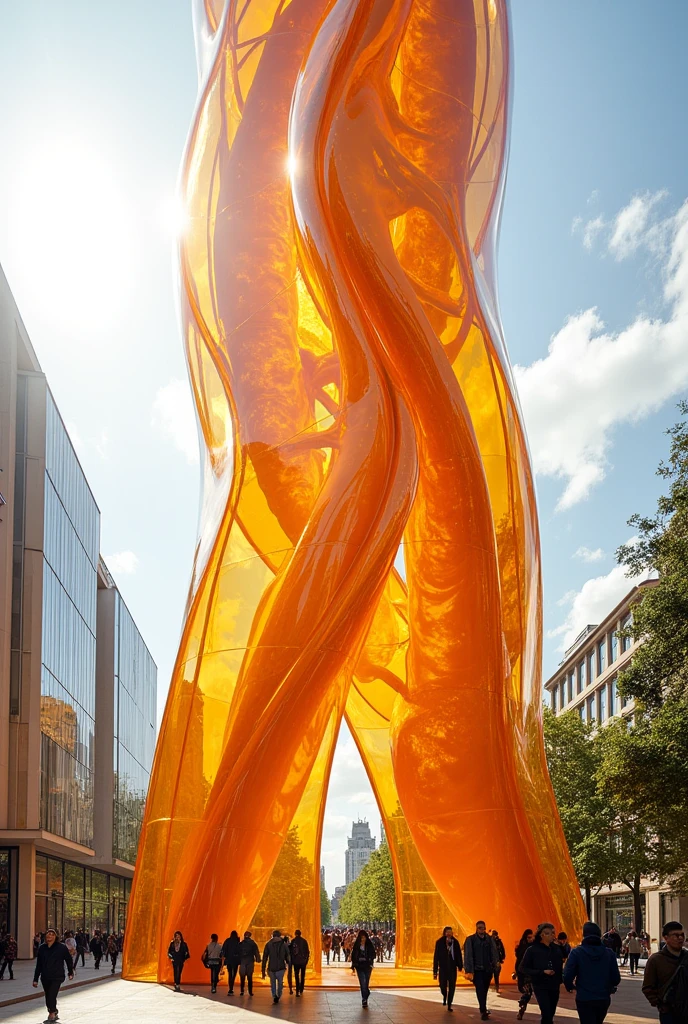 A glass tower shaped like a cut orange, and people walk underneath it. The height of the tower is 50 meters.