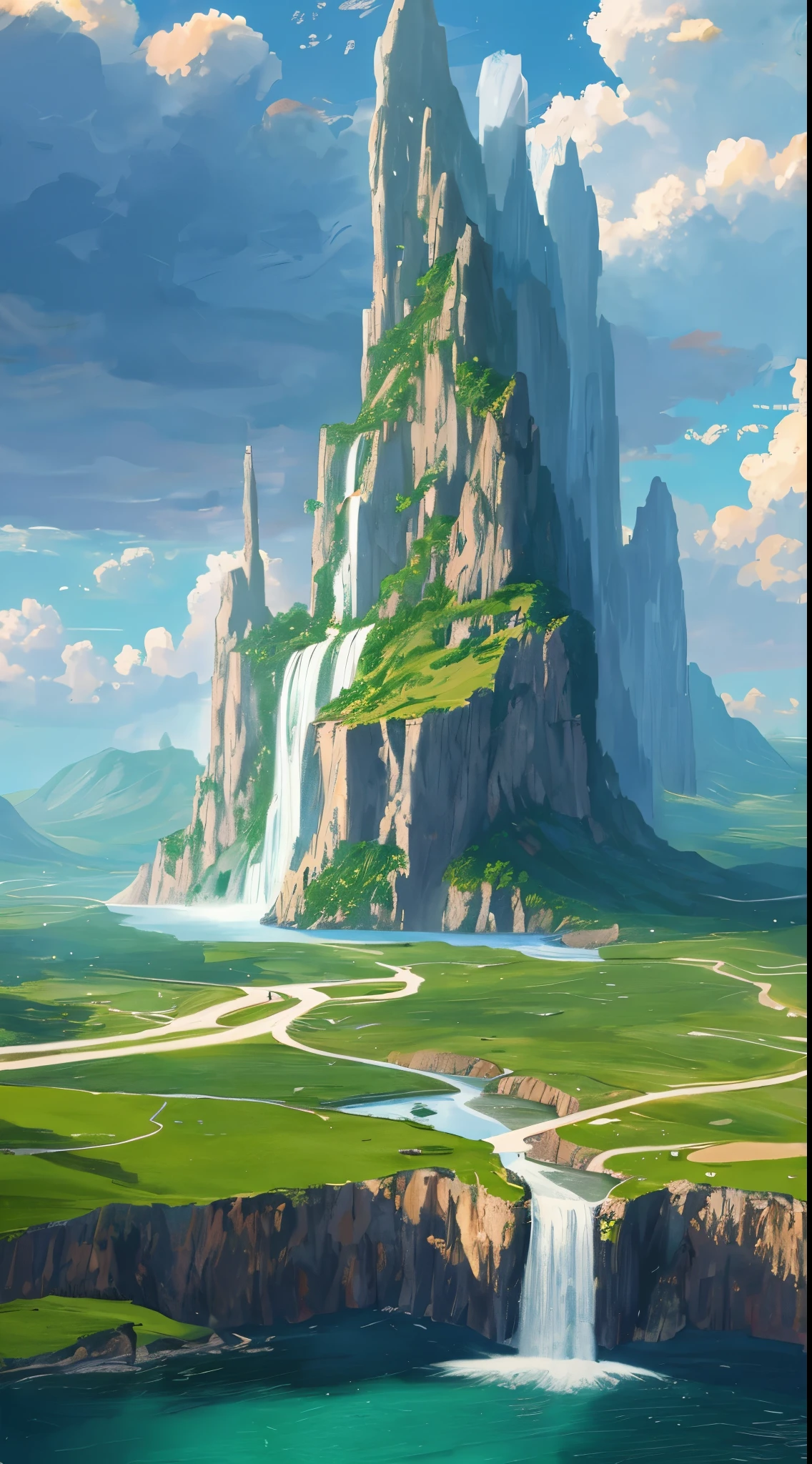 Masterpiece, ultimate quality, Cg unity 8k wallpaper, super delicate, beautiful sky and clouds, rich natural scenery, cliffs, lakes and rivers, waterfalls and flying water, beautiful green mountains, no trace of people, excellent scenery, has already won a photo contest, background Blurring, full depth of field, HDR high dynamics, true restoration, intricate, extreme details, dramatic presentation, perfectly presenting the style of midjourney art.