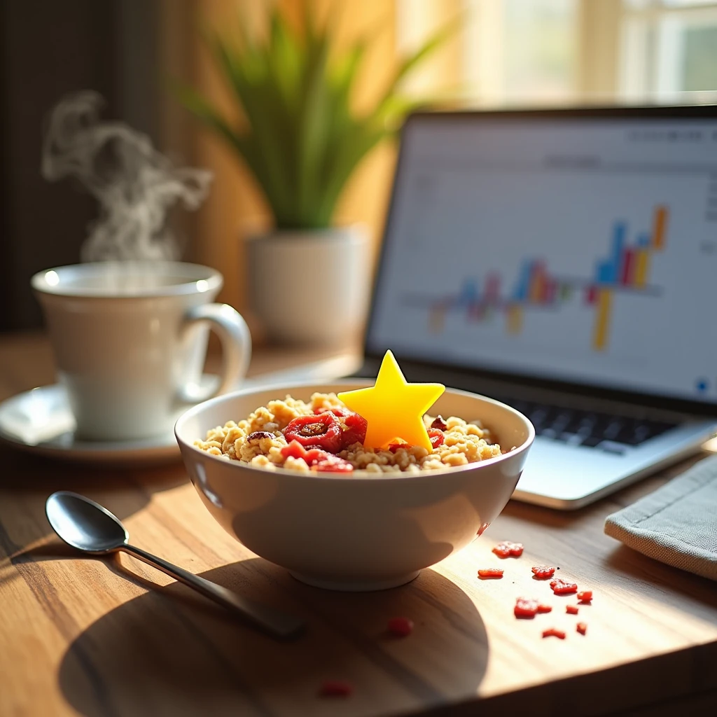A close-up shot of a healthy oatmeal bowl filled entirely with the star shape icon from GOOGLE GEMINI, accompanied by a steaming cup of coffee and an open laptop displaying dynamic graphs or a dashboard on the screen, capturing the essence of energy, freshness, and preparation, during a bright morning with soft natural light, shot with a Sony A7R IV, 50mm f/1.4 lens, vibrant colors