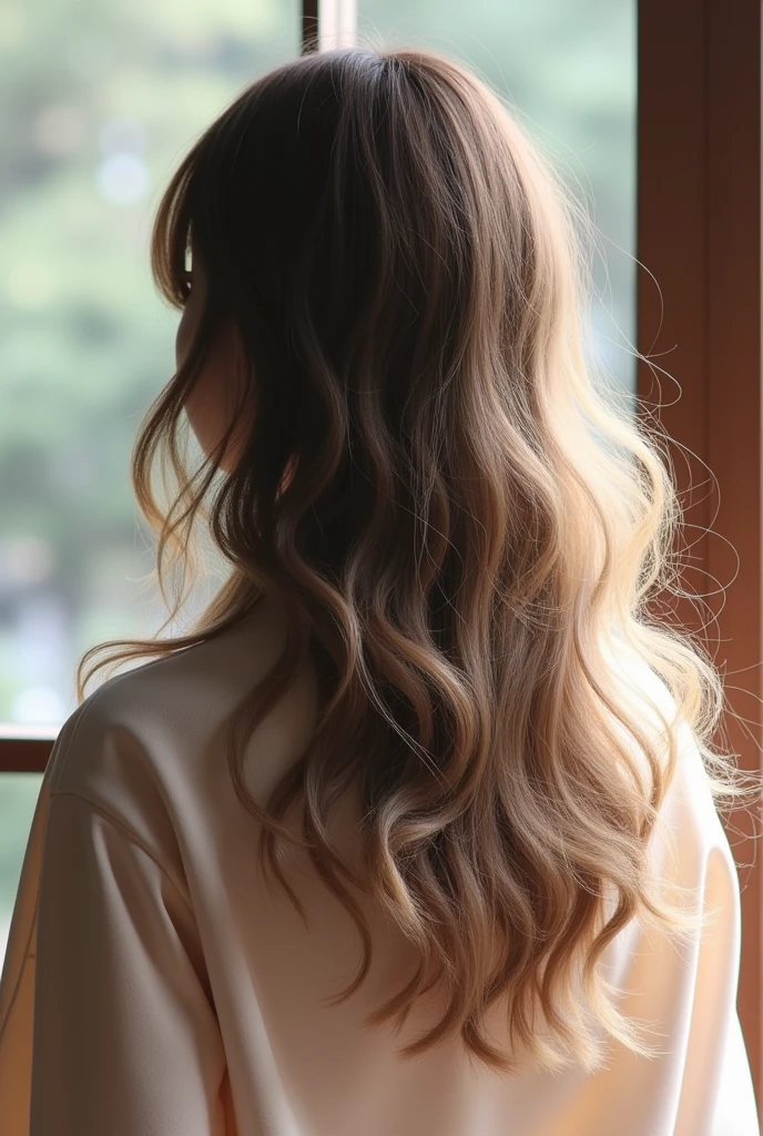 Semi-long hairstyle seen from the back、Fluffy back of head、Hair bouncing on shoulders、Outside flip、Tightening around the neck、Airy feeling、Japanese、Strong waist、Hairy、Soft texture、Reduce hair volume、