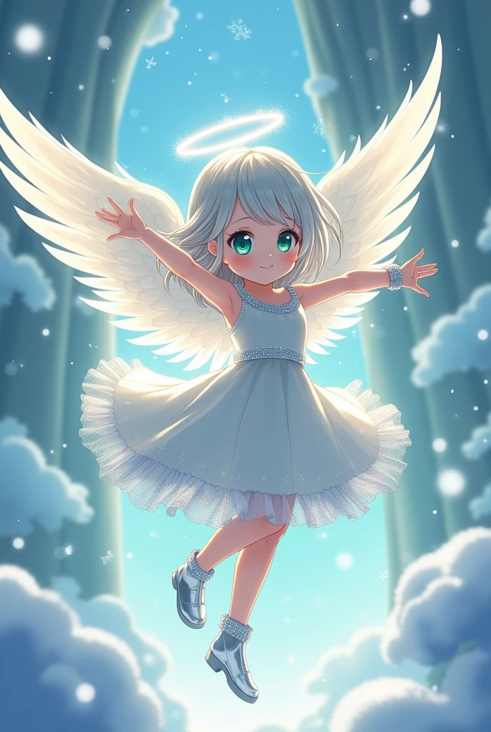 (background:snow scene, snow art museum, Asahikawa):1.33, (masterpiece, japanese_anime, official_art, octane-render):1.33, (a dancing angel hands up), detailed shinning halo, (from below,airborne:1.2), (wide shot:1.3), (having detailed idol-type girls:1.1), (cherubic face,delicate facial features), (ennui,half-opened mouth,emphasis on facial expression), (extremely detailed gradient eyes), (sharp-long aquamarine eyes,half-opened eyes:1.2),(detailed green eyes, platinum hair,colored inner green ombre hair multicolored hair):1.21, (color temperature), (Fluffy platinum scumbling colored shiny sequins race_dress,platinum long boots), (motion_blur, light trail, flying snow, moving at flying, straight):1.3, (scales, intricate details), dynamic pose, looking afar, outstretched arms,(shiny platinum wristband:1.3), ethereal lighting, cinematic light,and particle light, colorful, dramatic shadows, light-shadow symmetry,