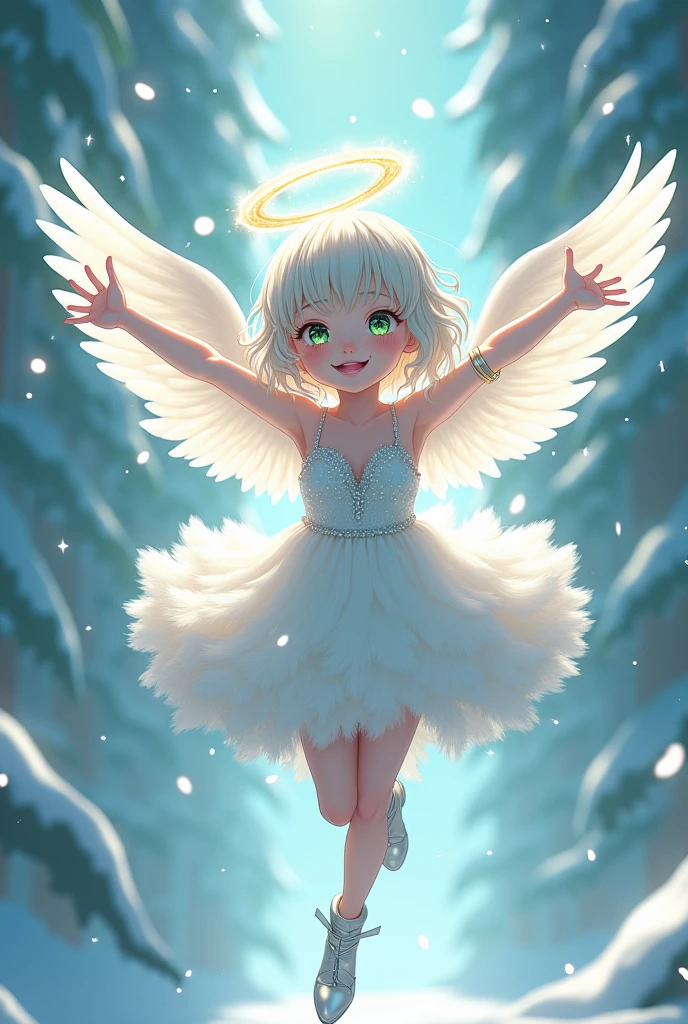 (background:snow scene, snow art museum, Asahikawa):1.33, (masterpiece, japanese_anime, official_art, octane-render):1.33, (a dancing angel hands up), detailed shinning halo, (from below,airborne:1.2), (wide shot:1.3), (having detailed idol-type girls:1.1), (cherubic face,delicate facial features), (ennui,half-opened mouth,emphasis on facial expression), (extremely detailed gradient eyes), (sharp-long aquamarine eyes,half-opened eyes:1.2),(detailed green eyes, platinum hair,colored inner green ombre hair multicolored hair):1.21, (color temperature), (Fluffy platinum scumbling colored shiny sequins race_dress,platinum long boots), (motion_blur, light trail, flying snow, moving at flying, straight):1.3, (scales, intricate details), dynamic pose, looking afar, outstretched arms,(shiny platinum wristband:1.3), ethereal lighting, cinematic light,and particle light, colorful, dramatic shadows, light-shadow symmetry,