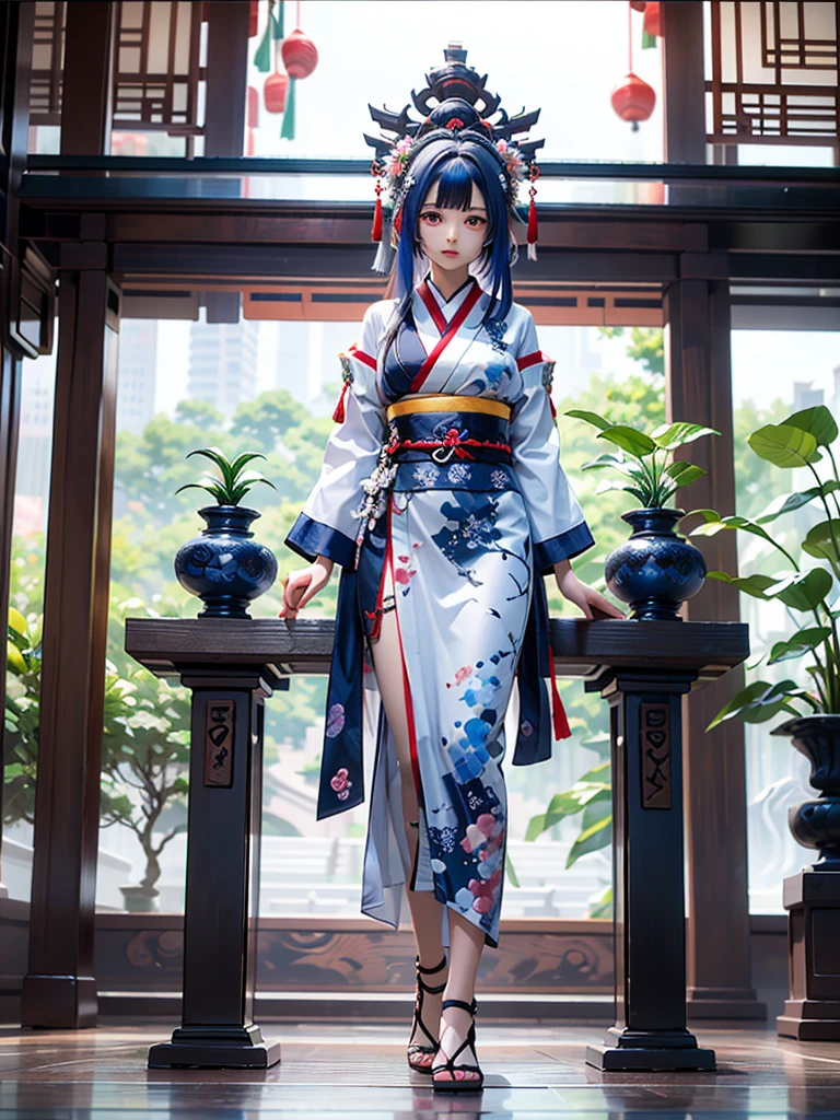Magnificent View、Floating Island、Hanging Garden、Outdoor、High definition、Holy Maiden、Shrine maiden、With many flowers blooming、Silver Hair(The top of the head is indigo blue、The ends of the hair are red.)、whole body、Jade Eyes、Dance dedicated to the gods、Votive dance