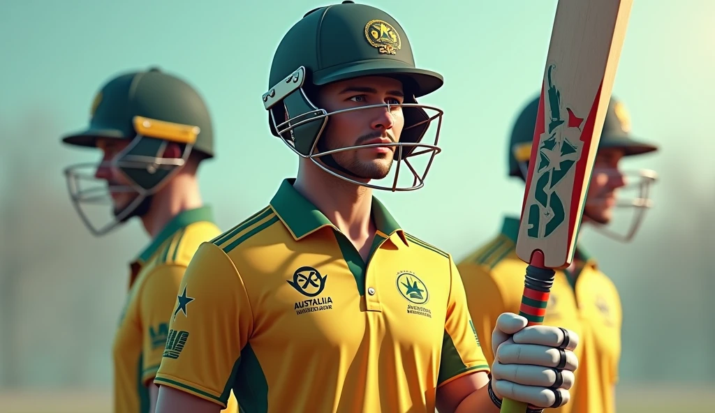 Give me a jersey jersey,Cricket player with AUS written on his jersey, Three View, A hand holding a cricket bat drop shadow, anaglyph, stereogram, tachi-e, ass pov, atmospheric perspective, 8k, super detail, best quality