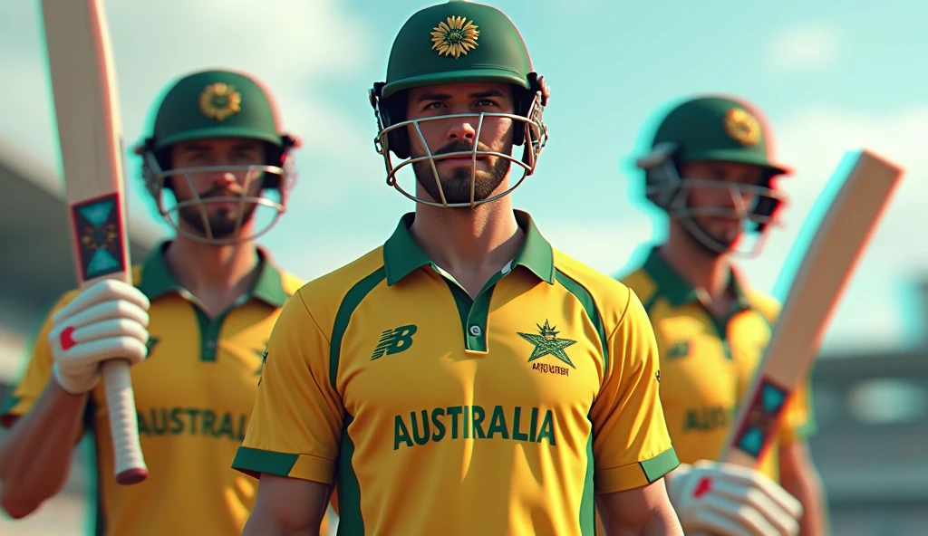 Give me a jersey jersey,Cricket player with AUS written on his jersey, Three View, A hand holding a cricket bat drop shadow, anaglyph, stereogram, tachi-e, ass pov, atmospheric perspective, 8k, super detail, best quality