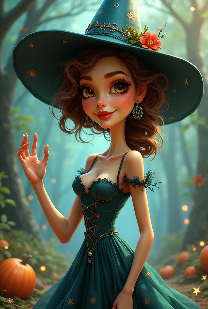 a modern witch in 1930s cartoon caricature style, rubber hose style, 1girl, beautiful detailed eyes, beautiful detailed lips, extremely detailed face, long eyelashes, intricate detailed dress, whimsical expression, cartoon-like proportions, oversized head, rubber hose limbs, vibrant colors, dynamic pose, fantasy elements, magical aura, (best quality,4k,8k,highres,masterpiece:1.2),ultra-detailed,(realistic,photorealistic,photo-realistic:1.37),vivid colors,professional painting