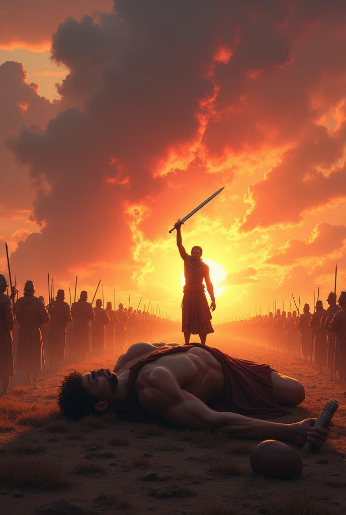 the giant goliath fallen to the ground unconscious, Simple David without armor standing , with a sword held in his hand, and the army fleeing in fear. ao por do sol.