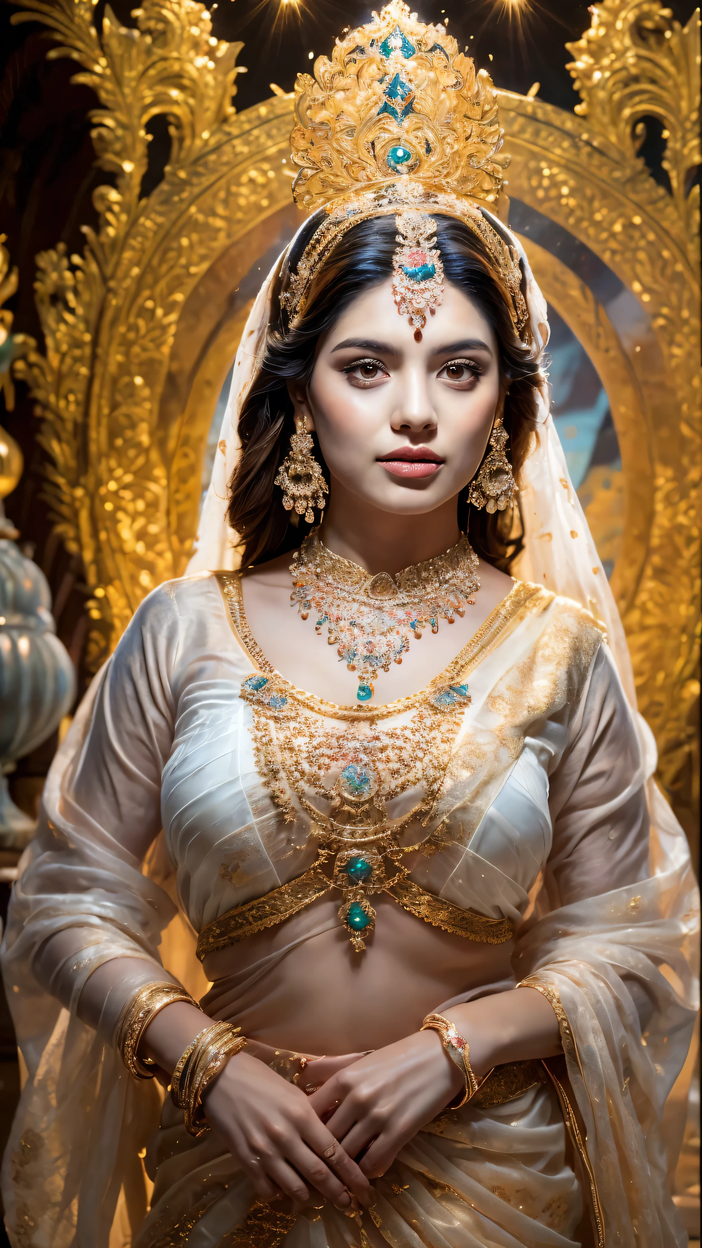 ((Best quality, 8k, Masterpiece :1.3)), Sharp focus :1.2, Generate a realistic image of a beautiful sexy Indian woman plus size body: 8.5 dressed in a white Kasava saree, adorned with traditional ornaments, standing in a well-lit room with cinematic lighting. ((Front view, random elegant pose)), and there is a sense of grace and elegance in her posture. The background should complement the scene, enhancing the overall aesthetic appeal of the image. Photography by Brandon Woelfel, Full shot: Canon EF 16-35mm f/2.8L III USM lens on a Canon EOS 5D Mark IV camera, ultra realistic, 32k, HD