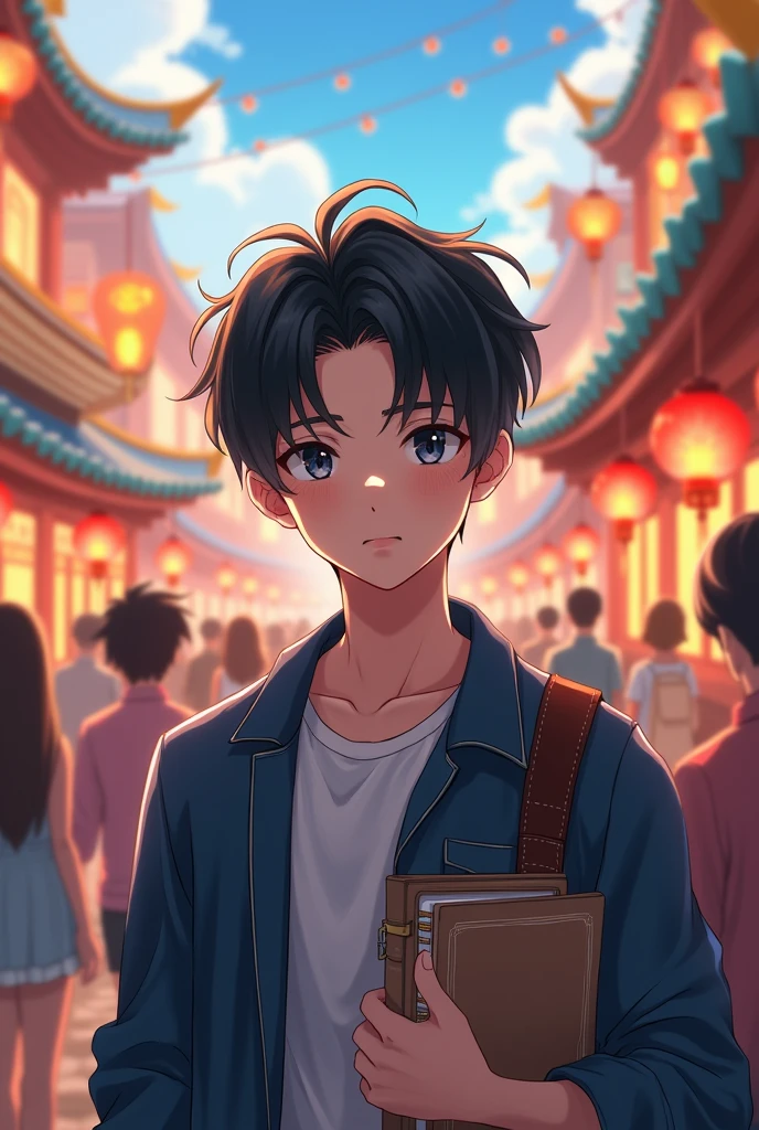 Anime, young man, black hair, black eyes, a planner, fantasy, falling in love at a festival.