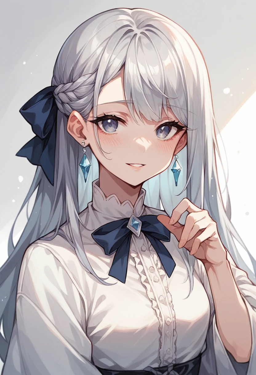long hair, (crystal earrings:0.7), (blush, smile:0.8), silver hair, (hair strand:0.9), (ribbon:1.2), (parted lips:0.9), (ultra-detailed, highres:1.0), silver hair, tachi-e, anime style