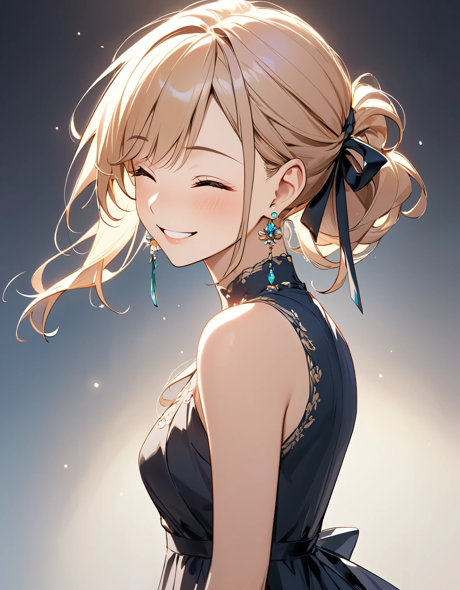 best quality, beautiful, hair tie, 8K, very happy face, close eyes, side body, head tilt look view, slim, dress, earrings, concept