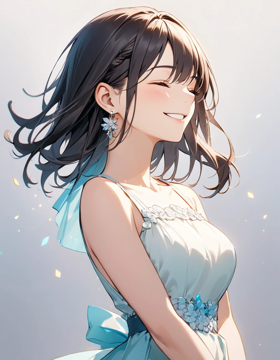 best quality, beautiful, hair tie, 8K, very happy face, close eyes, side body, head tilt look view, slim, dress, earrings, concept