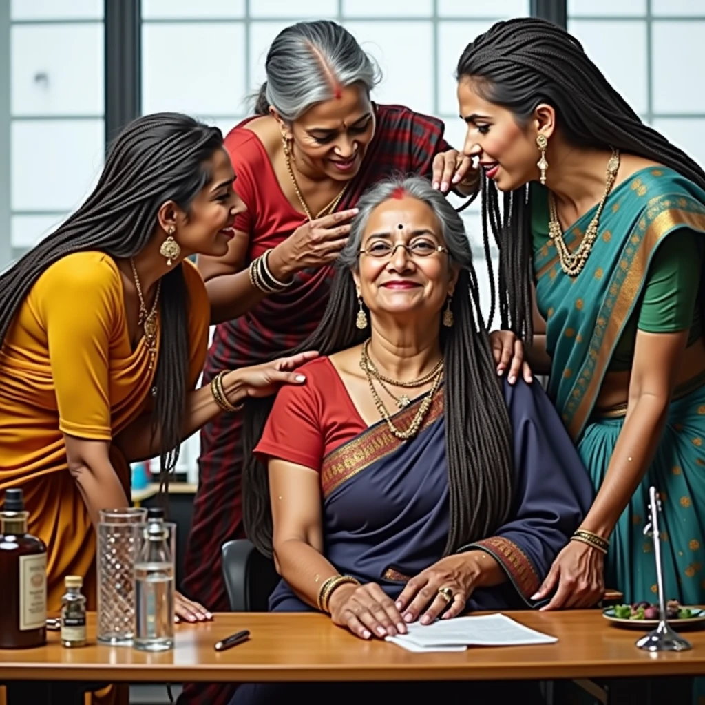 in luxerius office items sorrounded bright lighted modern indian office,two 65 years old mature eldery indian ladies and two 40 years old mature indian ladies,total 4 ladies involving and licking their hairs of each others wildly,First 65 years old eldery lady kneeled to the viewer' side,other mature two ladies crowling in to kneeled lady reaching by sides licking kneeled lady' head scalp,Above mentioned other second 65 years old eldery lady bend over from behind of them reachining up to kneeled lady' head scalp for the purpose of licking hair too,these four ladies are with dress in as per image prompt,all four of them,with their hairs respectively black color for the marure ladies and gray-black color for the eldery ladies hairs in as per image prompt,their long,conrowed braided hairs spills on the floor to the viewer's,red lipsstick,natural tongues pulled out,licking the kneeled lady' eldery gray-black conrow braids like she is being raped excat in prompt,These all four ladies' faces are with showing full of sexual wildness showing out from their faces exact as in image prompt,Their eyes are fullfill with sexual wildness with raping hair braids as per the imahe prompt,(Show me their tongues,long tongues,1.3) styled with 100000 liters hair oil,hairs like viscus oiled pulp,slick combed hair lines highly visible,{{{{Ladies wears perfect dresses in perfectt busty}}}},{{{{{NSFW}}}}},{{{{{{Hairs highly soaked}}}}}},{{{Hairs Drenched in water}}}}},{{{slick combed hair lines}}}},{{{{Hairlines reflecting shinning like mirrors with water}},{{{{{Showcase full bodies perfect figures}}}}},{{{{{High resolution perfecr color grading}}}}}},{{{Perfect cornrow braided hairs on all three ladies exactly in image prompt}}}}}}},((((((((Generate ethnicity as indian aged eldery sexy build ladies))))))))),((((((Generate wildness poses where shows the elderity and maturity of the sexually wildness and extremly extremly wildness in to hair licking by their tongues exatly as image prompt))))