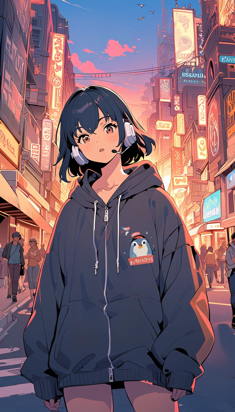 (extremely detailed CG unity 8k wallpaper), (best quality), (best illustration), (best shadow), realistic lighting, beautiful detailed reglow, masterpiece, best quality, lofi artstyle, lofi art, city, town, 80s anime style, Retro, Lo-Fi, Headphone, headphone ear, 1boy, bangs, bird, black hair, black hoodie, brown eyes, cowboy shot, drawstring, earrings, hair between eyes, head tilt, hood, hood down, hoodie, jacket, jewelry, long sleeves, looking at viewer, male focus, open mouth, penguin, short hair, simple background, sleeves past fingers, sleeves past wrists, solo, zipper