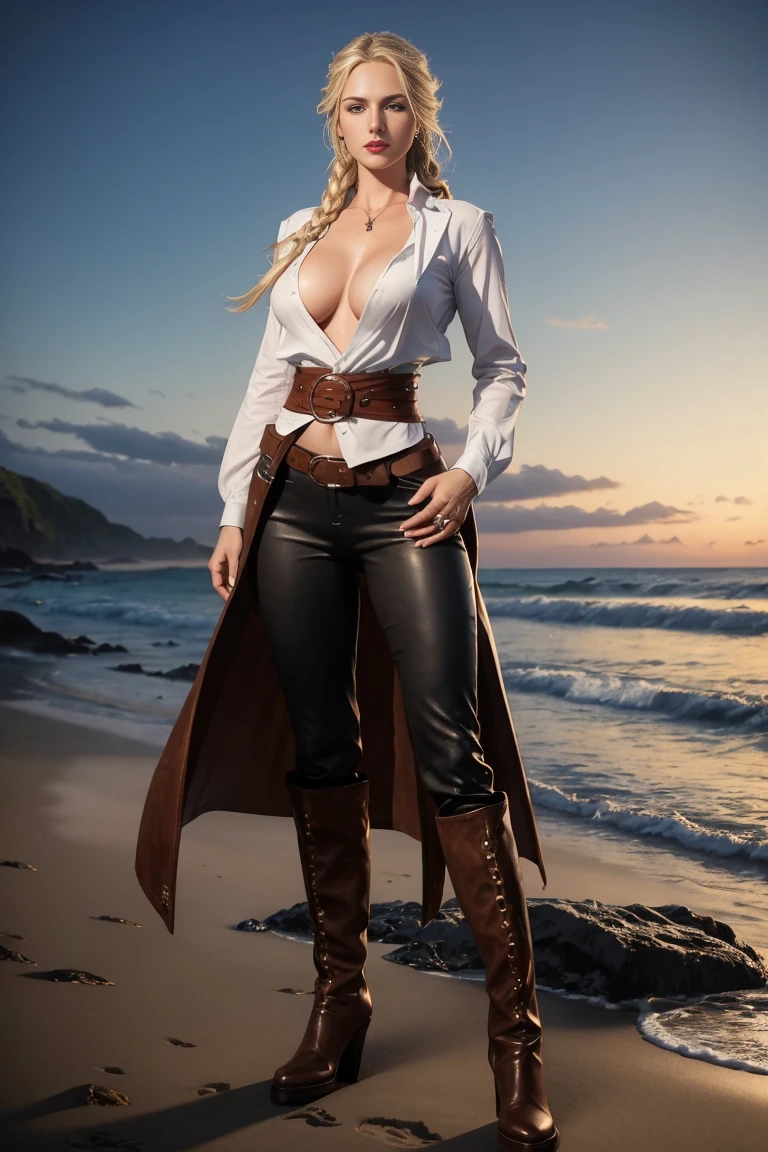 full body sexy beautiful aristocratic sensual pirate woman, belly braided blonde hair, blue eyes, red lips, big breasts, white baggy new shirt, black leather vest, brown leather pants, wide brown belt, brown high boots, standing on the rocky shore of the beach warrior pose sensual challenger, standing on the beach at night.