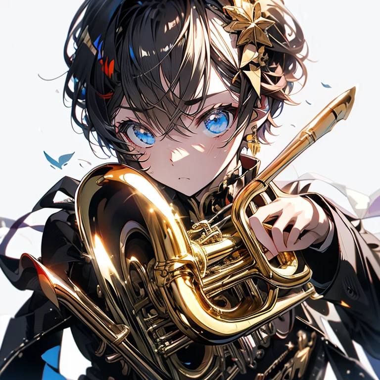 Highest quality、masterpiece、Anime、Brass band club、Playing the Trumpet、Serious face、Upper Body、Ocher Hair