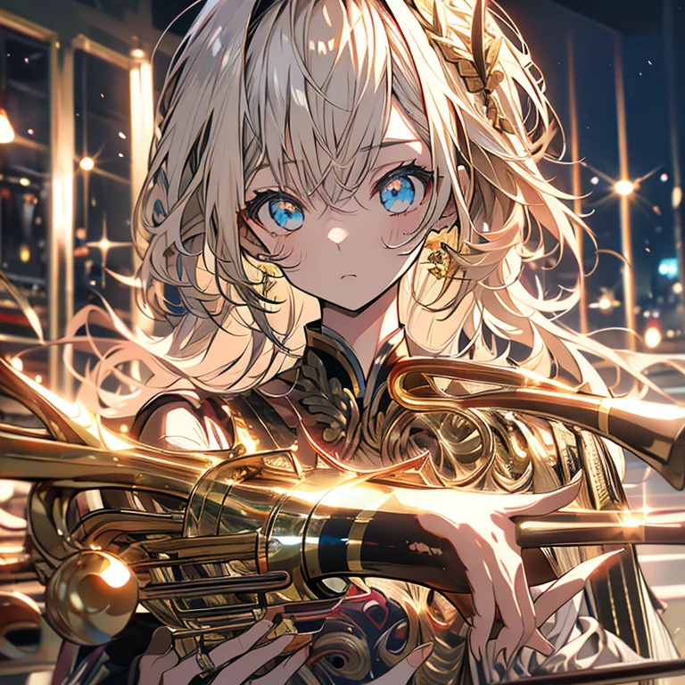 Highest quality、masterpiece、Anime、Brass band club、Playing the Trumpet、Serious face、Upper Body、Ocher Hair