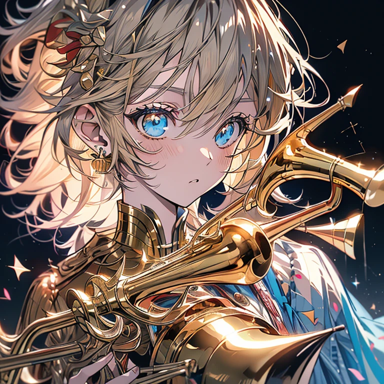 Highest quality、masterpiece、Anime、Brass band club、Playing the Trumpet、Serious face、Upper Body、Ocher Hair