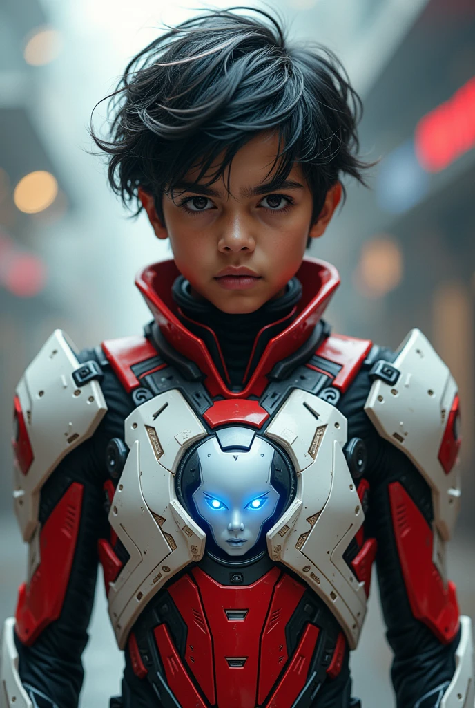 Boy malay Indonesia wear red white exoskeleton. Robot face on body. Led nipple blue. Black hair little white hair detail. . 19 year old boy. Wavy hair. Tan skin. High tech suit. Mirage armor . Taking anger robot face red. Emoji robot. Punisher iron man. Mechanize robot face at chest. Talking robot on body. Robot look front.. robocop concept. Gi goe. Red white. Ultraman suit. Robot face on center. 