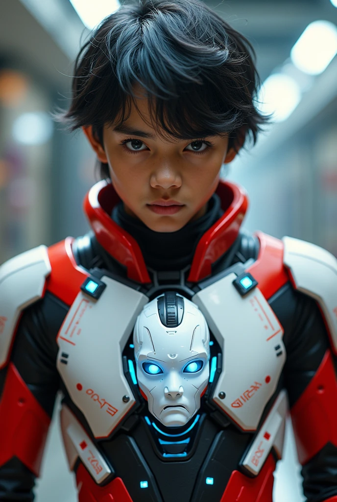 Boy malay Indonesia wear red white exoskeleton. Robot face on body. Led nipple blue. Black hair little white hair detail. . 19 year old boy. Wavy hair. Tan skin. High tech suit. Mirage armor . Taking anger robot face red. Emoji robot. Punisher iron man. Mechanize robot face at chest. Talking robot on body. Robot look front.. robocop concept. Gi goe. Red white. Ultraman suit. Robot face on center.