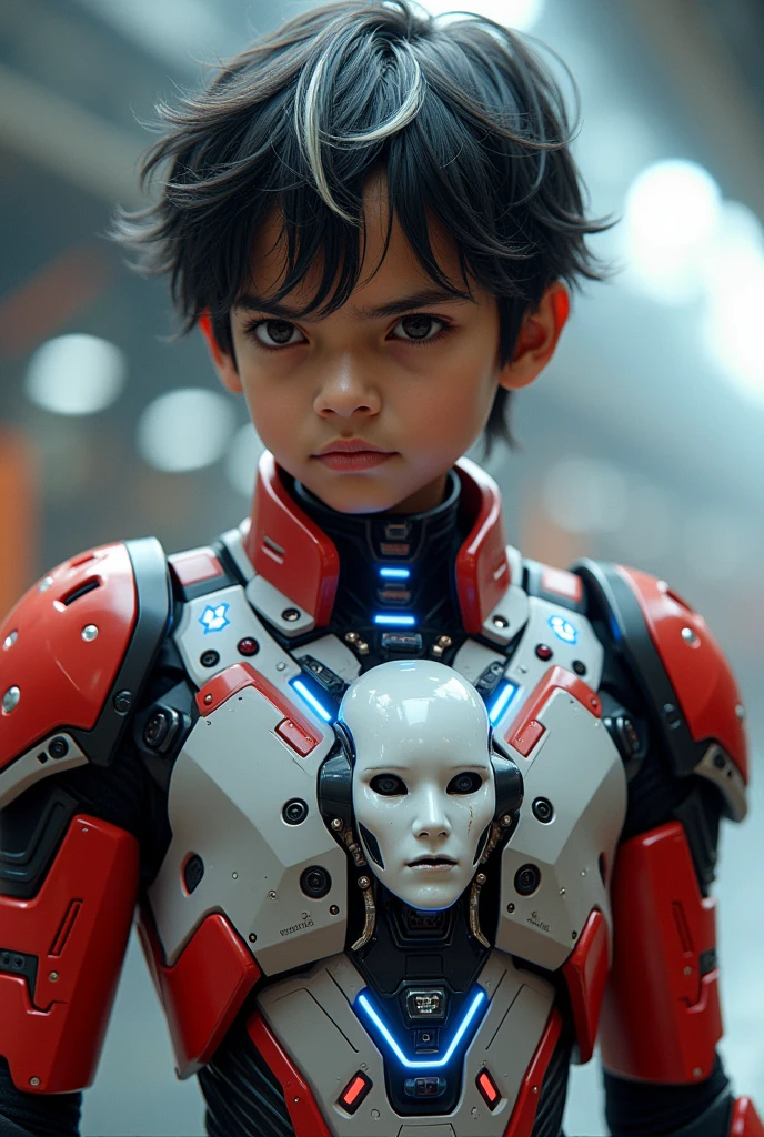 Boy malay Indonesia wear red white exoskeleton. Robot face on body. Led nipple blue. Black hair little white hair detail. . 19 year old boy. Wavy hair. Tan skin. High tech suit. Mirage armor . Taking anger robot face red. Emoji robot. Punisher iron man. Mechanize robot face at chest. Talking robot on body. Robot look front.. robocop concept. Gi goe. Red white. Ultraman suit. Robot face on center. 