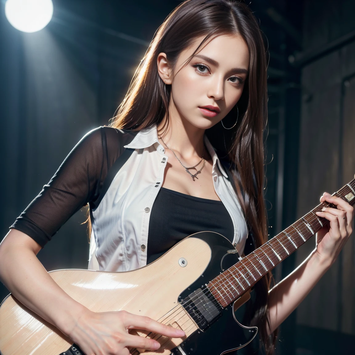 ((masterpiece, Highest quality, High resolution)), ((8K wallpaper incorporating highly detailed CG)), (Huge and stunning goddess shot, Very hot and sexy, Incredible beauty, Perfect Proportions, Beautiful body, Slim body beauty:1.1), With a guitar、Woman with torn shirt, Dreaming Rock Girl, holding silver Electric guitar, play the guitar, holding Electric guitar, like a Leor, holding Electric guitar, holding Electric guitar, Electric guitar, Electric guitar, promotional photoshoot, Lockout,