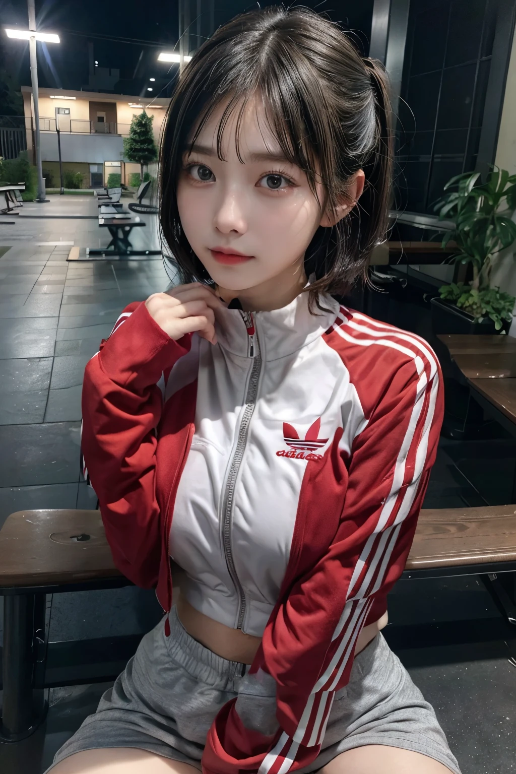 He is wearing a red Adidas tracksuit with long sleeves and a zipper at the front.、Big Breasts、Short Hair