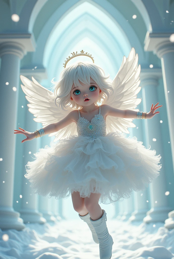 (background:snow scene, snow art museum, white_theme):1.33, (masterpiece, japanese_anime, official_art, octane-render):1.33, (a dancing angel hands up), detailed shinning halo, (from below,airborne:1.2), (wide shot:1.3), (having detailed idol-type girls:1.1), (cherubic face,delicate facial features), (ennui,half-opened mouth,emphasis on facial expression), (extremely detailed gradient eyes), (sharp-long aquamarine eyes,half-opened eyes:1.2),(detailed green eyes, platinum hair,colored inner green ombre hair multicolored hair):1.21, (color temperature), (Fluffy platinum scumbling colored shiny sequins race_dress,platinum long boots), (motion_blur, light trail, flying snow, moving at flying, straight):1.3, (scales, intricate details), dynamic pose, looking afar, outstretched arms,(shiny platinum wristband:1.3), ethereal lighting, cinematic light,and particle light, colorful, dramatic shadows, light-shadow symmetry,