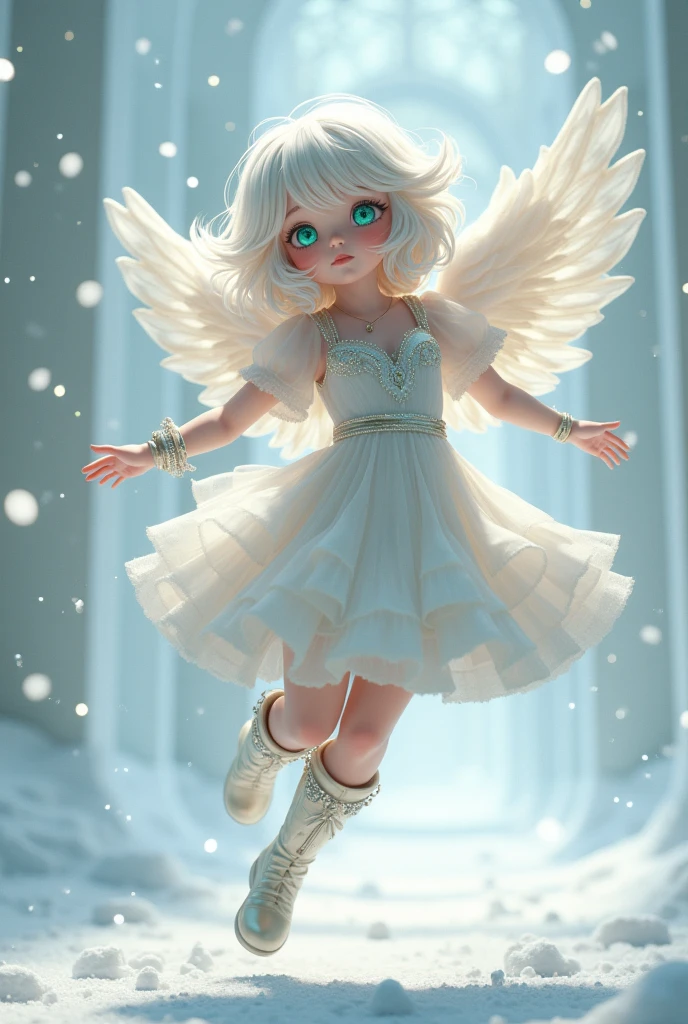 (background:snow scene, snow art museum, white_theme):1.33, (masterpiece, japanese_anime, official_art, octane-render):1.33, (a dancing angel hands up), detailed shinning halo, (from below,airborne:1.2), (wide shot:1.3), (having detailed idol-type girls:1.1), (cherubic face,delicate facial features), (ennui,half-opened mouth,emphasis on facial expression), (extremely detailed gradient eyes), (sharp-long aquamarine eyes,half-opened eyes:1.2),(detailed green eyes, platinum hair,colored inner green ombre hair multicolored hair):1.21, (color temperature), (Fluffy platinum scumbling colored shiny sequins race_dress,platinum long boots), (motion_blur, light trail, flying snow, moving at flying, straight):1.3, (scales, intricate details), dynamic pose, looking afar, outstretched arms,(shiny platinum wristband:1.3), ethereal lighting, cinematic light,and particle light, colorful, dramatic shadows, light-shadow symmetry,