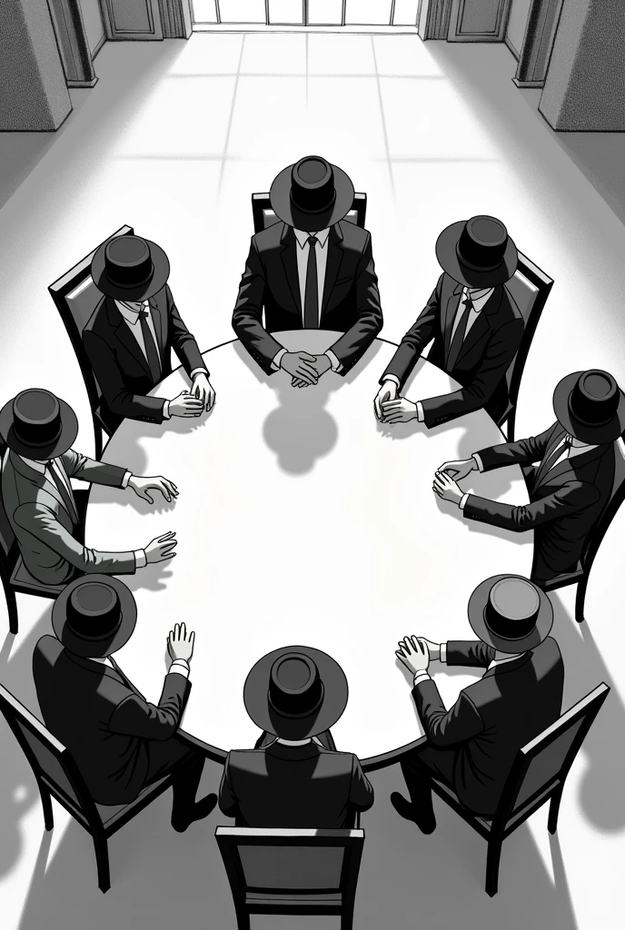 Six people，Each wearing a hat，Sitting around a round table，There is a host in the middle，Make the surrounding scene as spacious as possible，Can hide facial expressions，Use outlines or shadows instead