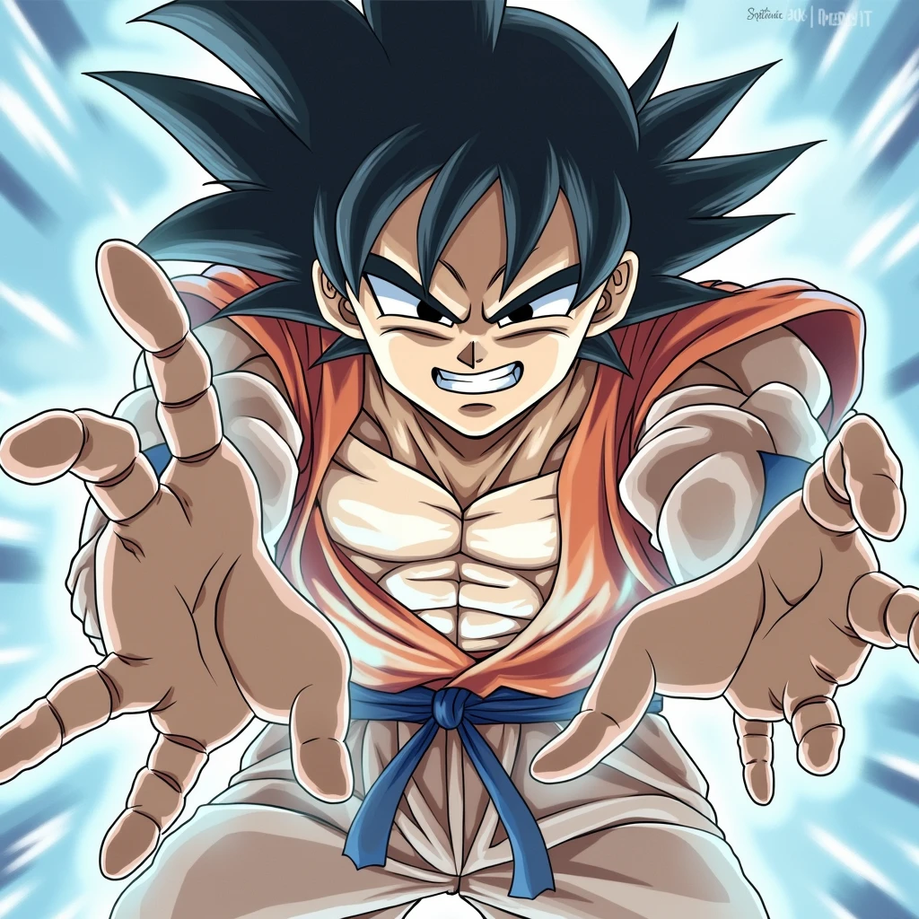 (masterpiece:1.2) (best quality) (detailed) (intricate) (8k) (HDR) (wallpaper) (cinematic lighting) (sharp focus), Goku, shirtless,anime artstyle, extremely detailed, close up,blue aura,Goku putting his palms together Infront of him and performing the Kamehameha, dynamic angle,Goku smirking, absolutely astonishing art, muscular frame