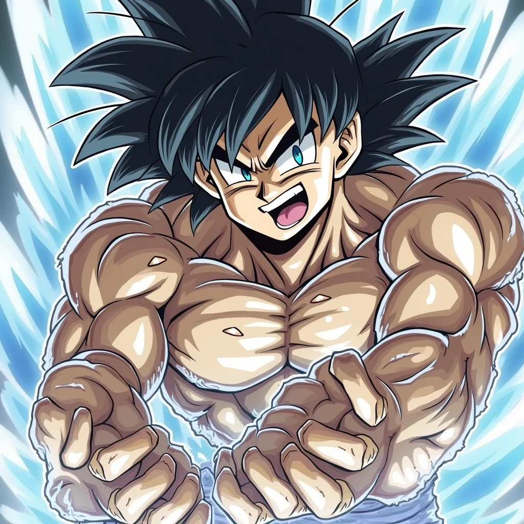 (masterpiece:1.2) (best quality) (detailed) (intricate) (8k) (HDR) (wallpaper) (cinematic lighting) (sharp focus), Goku, shirtless,anime artstyle, extremely detailed, close up,blue aura,Goku putting his palms together Infront of him and performing the Kamehameha, dynamic angle,Goku smirking, absolutely astonishing art, muscular frame