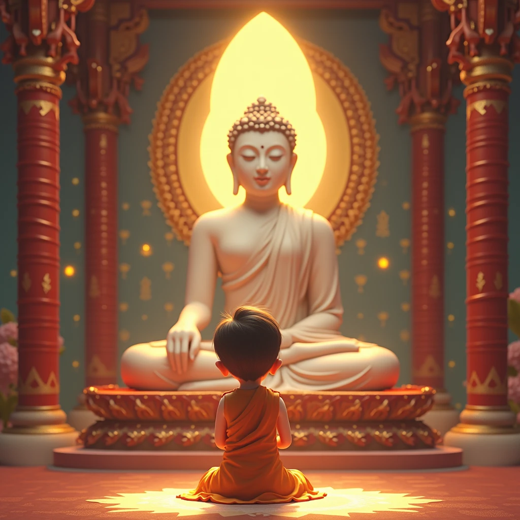 Best quality, extreme details, masterpiece, 8K wallpaper, official art, a pious cute praying in front of the Buddha statue