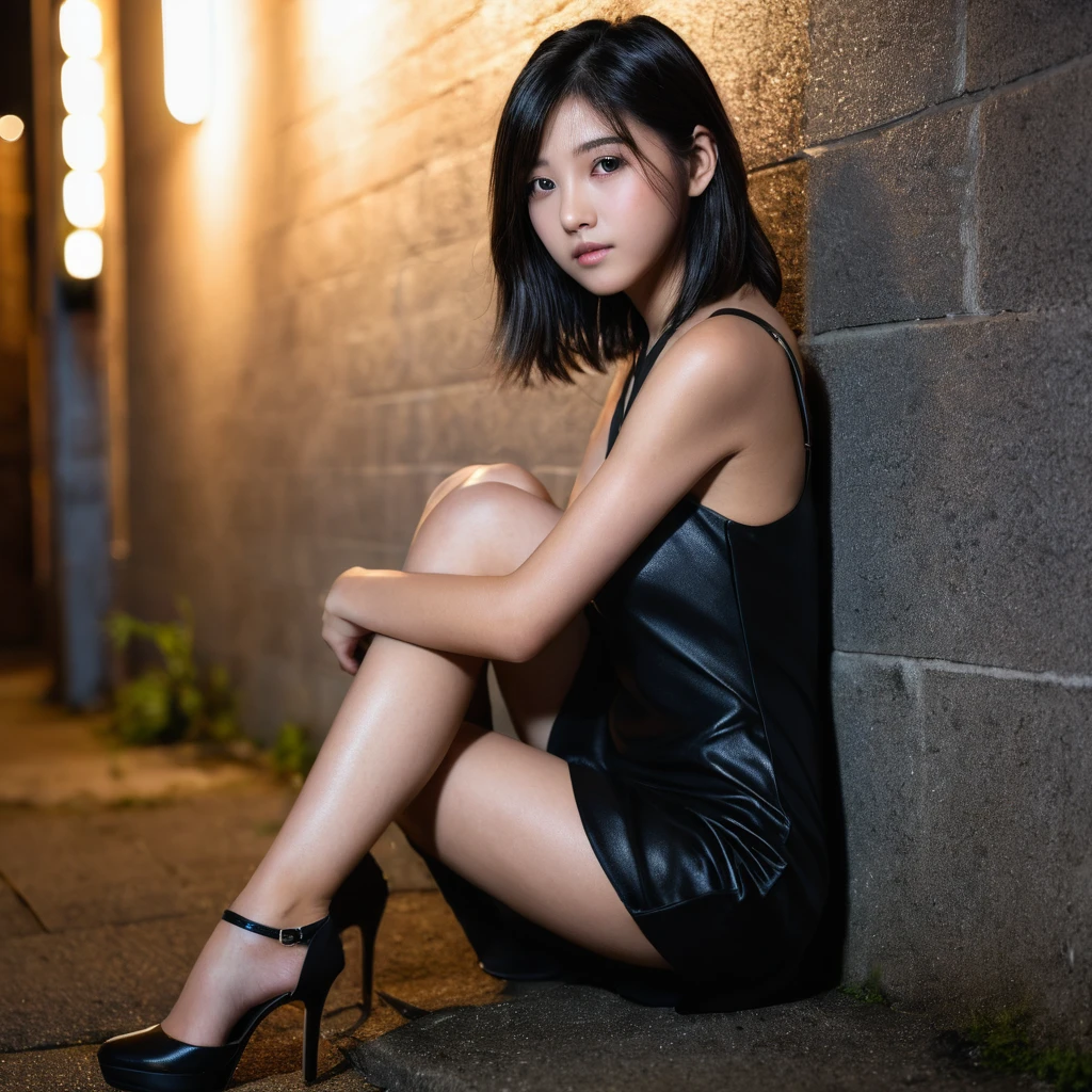 Yui, photo of female, age 15 year, black shoulder length hair with brown highlights; (dslr, ultra quality, film grain, Fujifilm XT3, crystal clear, 8K UHD, highly detailed glossy eyes, high detailed skin, skin pores); at night, distant light, dim lighting, dark, she is squating, wearing mini tight black dress, side view, very tall heel