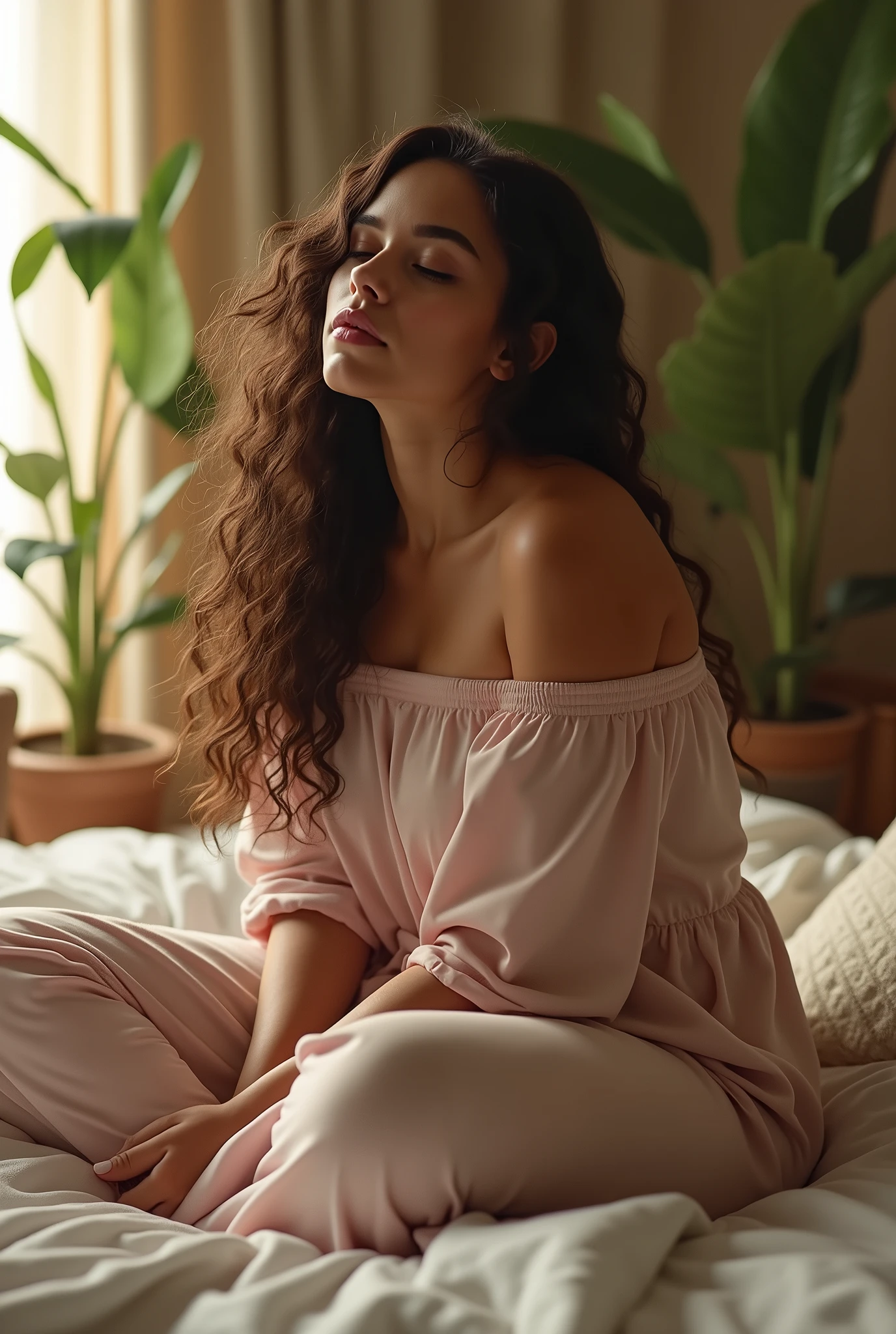 (photorealism:1.2), beautiful woman, chubby, sitting on bed, wearing loose off-shoulder top, pajama pants, long curly hair, indoors, soft lighting, plants in background, window with sunlight, cozy room, relaxed pose, realistic, intricate details, warm colors, biting lips