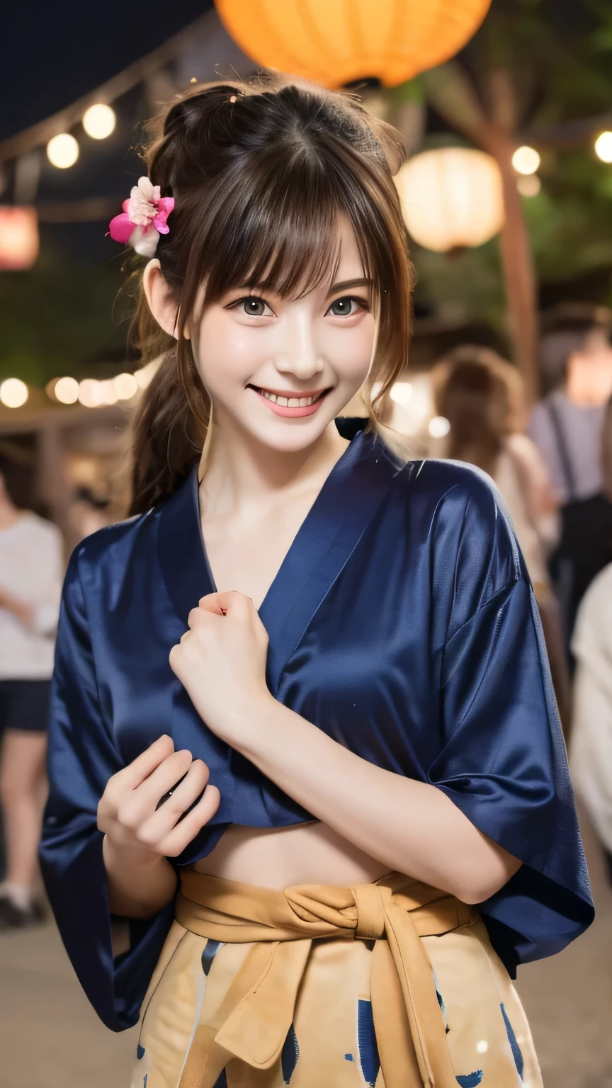 Best image quality (8k, High resolution, masterpiece: 1.2), Very detailed, Random Hairstyles, 26-year-old woman,
Extraordinary beautiful girl、Cute and beautiful face details、(Dealing with the Children_v1:0.008)、
score_9, score_8_upper, score_7_upper,
situation: A lively summer festival night、Walking along the street lined with food stalls、Girl holding cotton candy、Laughing happily。The lanterns emit a warm light、Lively atmosphere。
system: She took a step forward、I lightly put my face close to the cotton candy、Smiling with eyes narrowed。
Camera angle: At a slightly higher angle、Enhance facial expressions。In the background there are blurred lanterns and people.々is reflected、Feel the excitement of a summer festival。
clothing: wearing a bright blue yukata、Wearing a yellow belt。Hair in a simple ponytail、There is a small flower on the head。
,Active stop temporarily ,
On her side、The thunder danced。
Focus on the upper waist
, Random cute poses ,Big eyes ,Puffy eyes , Heart pupil, blush , Big shy smile , salute