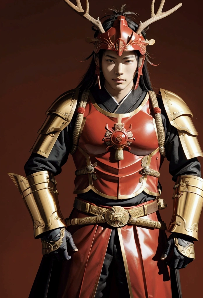Sengoku warlord Sanada Yukimura、He is wearing red armor, with a helmet ornament resembling deer antlers.、The armor is decorated with gold and is a bright red color.、Realistic depiction with attention to detail and simple background、Neutral colors to highlight the armor details: Rin々Shikudo々A positive attitude、Brave look and style: Realistic art color based on the theme of Japan&#39;s Warring States period: High contrast with red and gold as the main theme