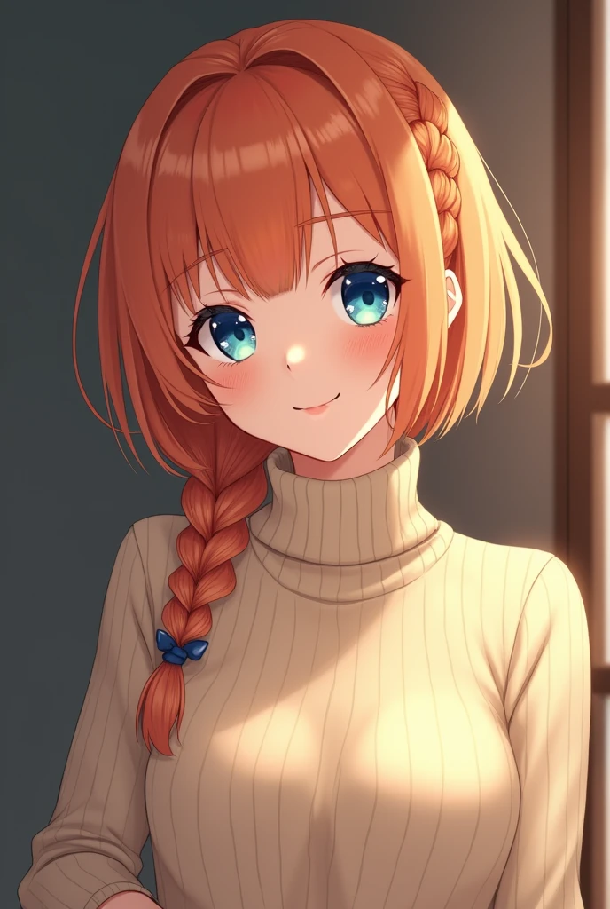 (photorealism:1.2), Anime woman, orange blonde, turtleneck sweater, short hair, braided mullet, smile, blue eyes, adult woman, grown up, demure, full body
