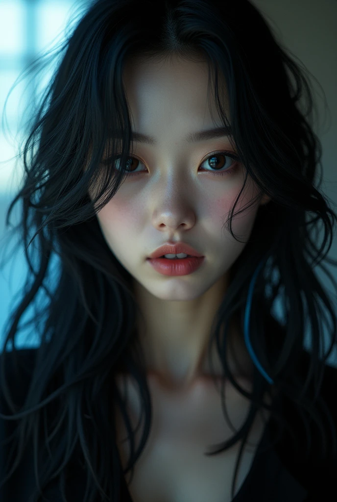 A rebellious 18-year-old Japanese girl with an aura of intimidating yet alluring beauty. Her large, captivating eyes are set in a stunningly beautiful face with high cheekbones and full, slightly parted lips. Her long, flowing black hair features striking electric blue inner highlights that add an edgy contrast, cascading down her back.

Her makeup is natural and subdued, with a light smoky eye effect and a soft, nude lip color that enhances her natural beauty. This softer makeup approach allows