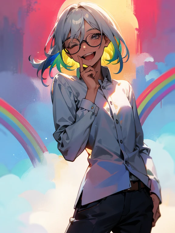, Glasses,Cowboy Shot,Laughter, Silver Hair,Daytime,Rainbow background,