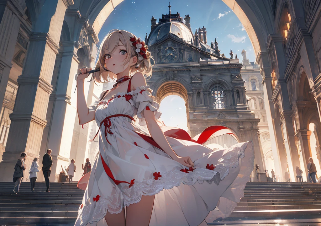 Realistic photos, Focus distance 10mm, Red and white, Beautiful girl, Realistic photos, Shooting at focus distance 10mm, masterpiece, 最high quality, high quality, Very detailed CG 8k wallpaper unit, Award-winning photography, Depth of written boundary, High resolution, bloom, chromatic aberration, Realistic, Very detailed, Art Station Trends, CGsociety Trends, Complex, High detail, dramatic, Art on the go, volumetric lighting, In front of the glass pyramid of the Louvre, a beautiful girl is wearing a simple yet stylish dress with the historic museum in the background. The glass of the pyramid reflects it in a Disney-style way, creating a beautiful scene in the night sky