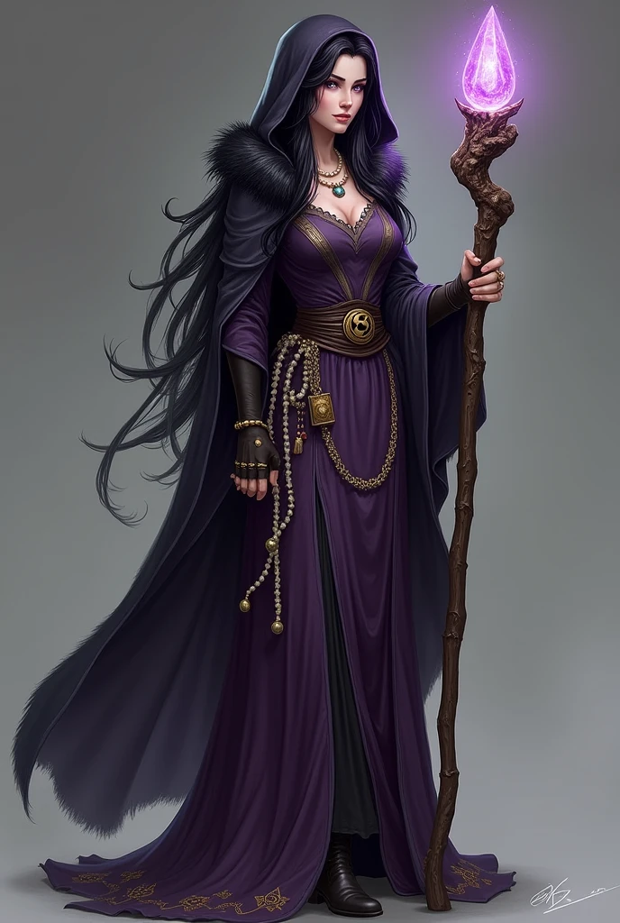 name: Elyria the Wise Age: About 30 years old Height: Tall and slender Clothing: Elyria wears a long dark purple tunic, with golden embroidery representing ancient magical symbols. The tunic has a hooded cloak, lined with dark fur and decorated with thin silver threads that shine in the light. He wears a leather belt around his waist, from which potions and small amulets hang. His black leather boots are elegant yet durable., ideal for walking on rough trails.
I wait: She has long black hair that falls straight down to her waist., often woven with pearls or magic ribbons. Her eyes are a deep purple, that exude an aura of mystery. Her face has delicate but firm features., with pale, almost ethereal skin.
Accessories: Elyria holds a wizard's staff carved from ancient wood., with a bright crystal set at the top. She wears several magic rings and a necklace with a crescent moon pendant..
Personality: She is wise and calm, but it exudes an aura of power. His presence is imposing and authoritative, often surrounded by a faint magical glow